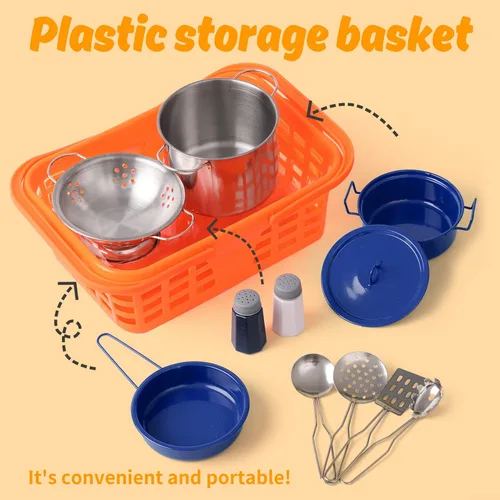 Vista 4 de Juego de accesorios de juguete de cocina para niños pequeños, juego de cocina para niñas y niños, incluye ollas y sartenes coloridas (azul)