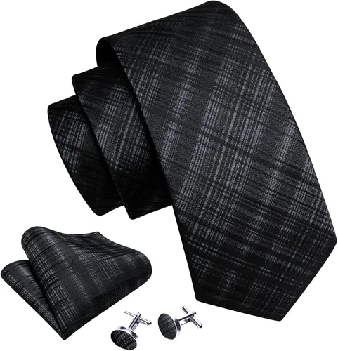 Vista 78 de Barry.Wang Juego de corbatas a cuadros para hombre con pañuelo gemelos de rayas clásicas