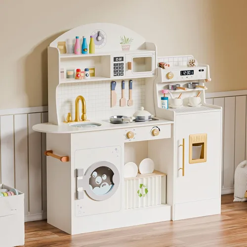 Vista 8 de JOYMOR Juego de Cocina Infantil, Cocina para Niños Pequeños con Fregadero de Cocina y Abundantes Accesorios de Cocina, Ideal para el Juego Creativo