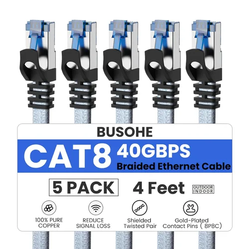 Vista 17 de Cable Ethernet Cat 8 de 1.5 pies, cable de conexión de red LAN de alta velocidad trenzado de nailon resistente, 40 Gbps 2000 Mhz SFTP blindado RJ45