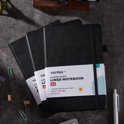 Vista 6 de Paquete de 3 cuadernos rayados con bolígrafo, cuadernos A5 (5.7 x 8.4 pulgadas) de tapa dura de cuero para mujeres y hombres, trabajo, 160 páginas