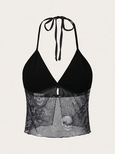 Vista 2 de Cozyease Camiseta sin mangas Y2K de malla con cuello halter y dobladillo dividido para mujer