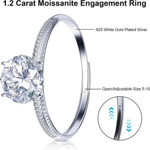Vista 2 de ATESSON Anillo de compromiso de boda de plata de ley S925 con puntas redondas de 1.2 quilates, diamante de imitación, anillo de compromiso ajustable