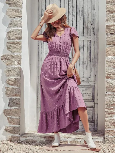 Vista 3 de PRETTYGARDEN - Vestido bohemio de manga corta con cuello en V y plumetí con volantes, vestido maxi fruncido de cóctel