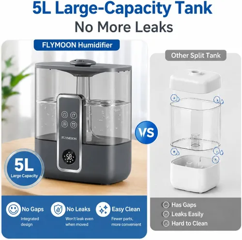 Vista 3 de FLYMOON Humidificador para dormitorio, humidificadores de niebla fría de 5 litros de llenado superior con 28 dB, humidificador inteligente para Negro