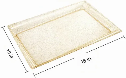 Vista 2 de I00000 Paquete de 6 bandejas de servir de plástico con purpurina dorada, 15" x 10" bandejas de comida onduladas, bandejas de servir desechables