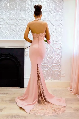 Vista 2 de Vestido de dama de honor de sirena con cuello para mujer, vestido de fiesta largo de encaje, Rosado