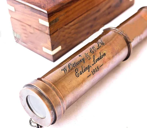 Vista 3 de Telescopio de acabado de cobre vintage con caja de madera regalo marino Londres 1917 instrumento educativo hogar y oficina