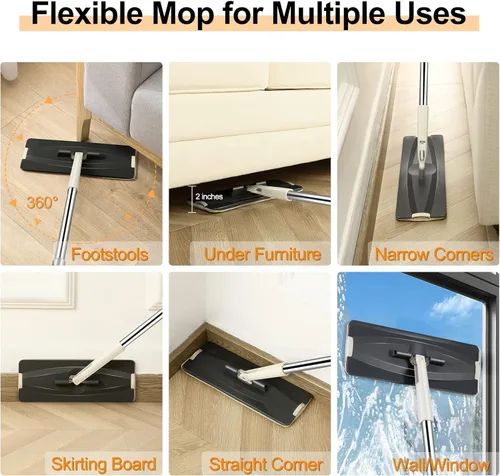 Vista 3 de Jelymark Trapeador plano y cubo con juego de escurridor, separa el agua sucia y limpia, mopa de 3 cámaras para uso húmedo y seco, mopas sin apretar