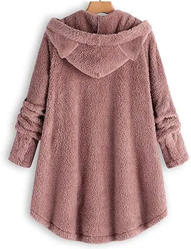 Vista 3 de SNKSDGM Chaquetas de forro polar mullido para mujer, con capucha, botones, de longitud media, gruesas, holgadas, abrigo, con bolsillo