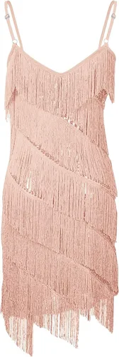 Vista 4 de Vestido sexy de fiesta con cuello en V para mujer, vestido de lentejuelas de color sólido, vestido con flecos, para ocasiones especiales