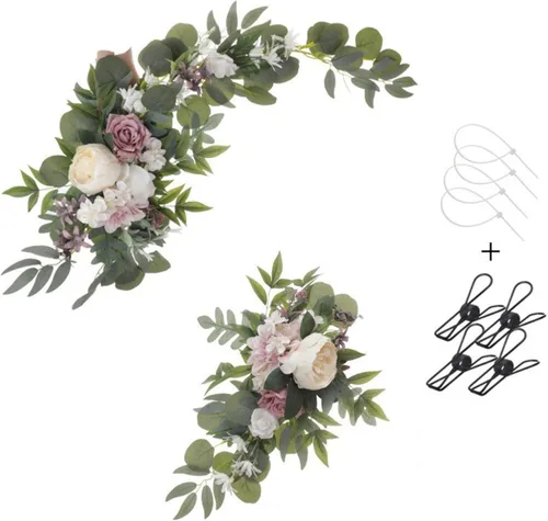 Vista 5 de Botín de flores artificiales rojas (juego de 2) para letrero de bienvenida, arco de boda, decoración floral, decoración de boda, ceremonia, Borgoña