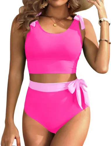 Vista 14 de Trajes de baño de dos piezas de cintura alta - Bikini con control de abdomen para mujer, traje de baño modesto 2 piezas 2025 Hot Red