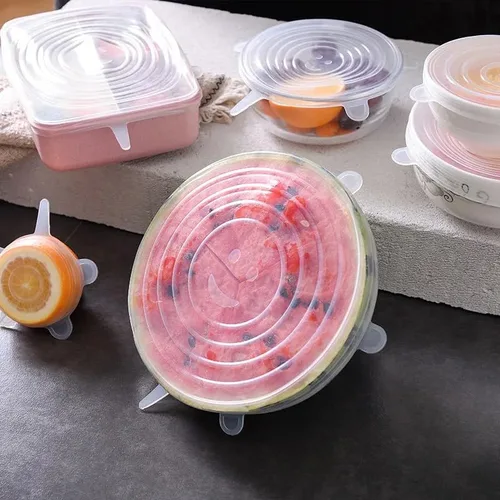 Vista 4 de 6 tapas elásticas de silicona, fundas reutilizables de silicona para recipientes de alimentos, 4 tamaños, se adapta a varios recipientes, apto