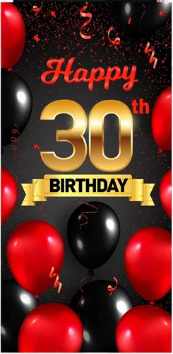 Vista 14 de Cartel de feliz cumpleaños 15 cumpleaños rojo y negro telón de fondo para cabina de fotos, globos de vítores a 15 años de edad, decoración temática