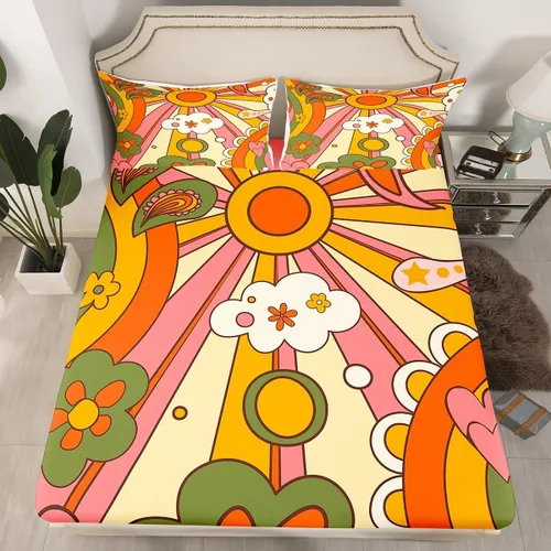 Vista 23 de Juego de ropa de cama con diseño floral bohemio, tamaño individual, diseño retro de flores groovy, 60S y 70S, diseño de flores hippie para niños