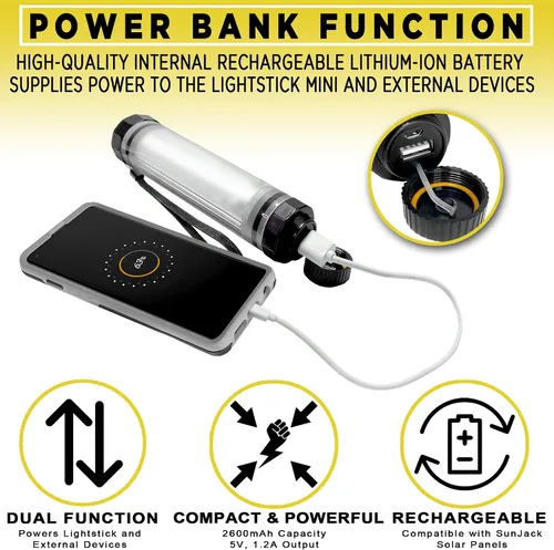 Vista 4 de SunJack LightStick Camplight - Linterna LED recargable impermeable y banco de energía Linterna de camping portátil para senderismo, mochilero