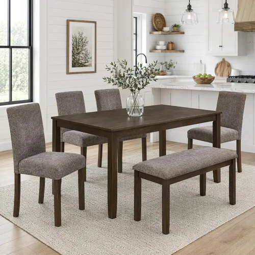 Vista 15 de Juego de mesa de comedor Trygoal para 5, juego moderno de 6 piezas para comedor con mesa rectangular, 4 sillas tapizadas con respaldo y un banco