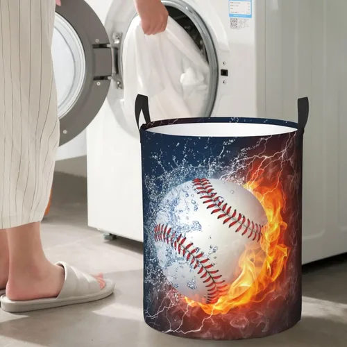 Vista 6 de Balón de béisbol deportivo en fuego y agua, cesta redonda para lavandería, cesta de almacenamiento, juguetes, organizador de ropa, contenedor