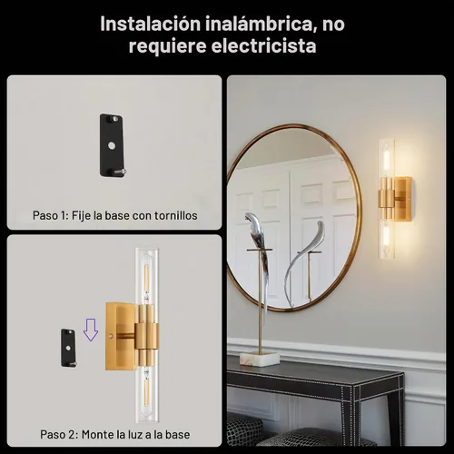Vista 5 de SANTOSTOCK Juego de 2 apliques de pared dorados operados por batería con control remoto, 12000mAh luces de pared recargables, lámparas de pared