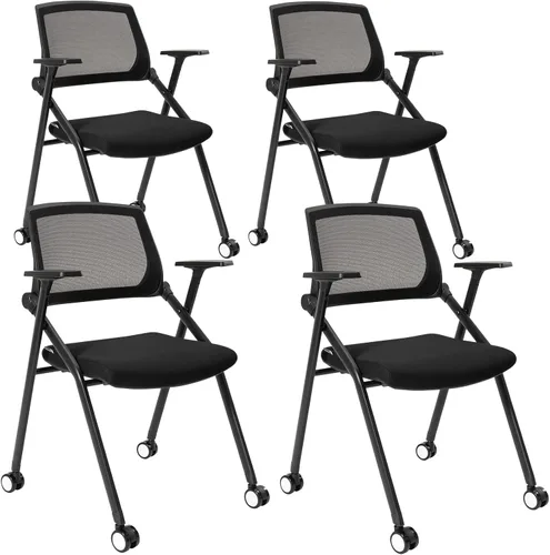 Vista 9 de Paquete de 2 sillas plegables de oficina para sala de conferencias con ruedas, apilables, color negro, silla de computadora con brazos deslizantes
