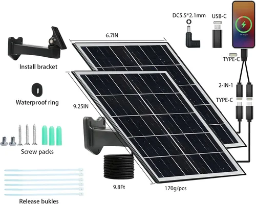 Vista 3 de Panel solar para cámara de seguridad IP65 impermeable USB cargador de panel solar puerto tipo C, puerto micro USB y puerto de CC, saneles solares