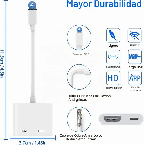 Vista 2 de Adaptador AV digital USB C a HDMI para iPhone 16 15,1080P Video y Audio Sync Convertidor de pantalla Adaptador AV con puerto de carga para iPhone