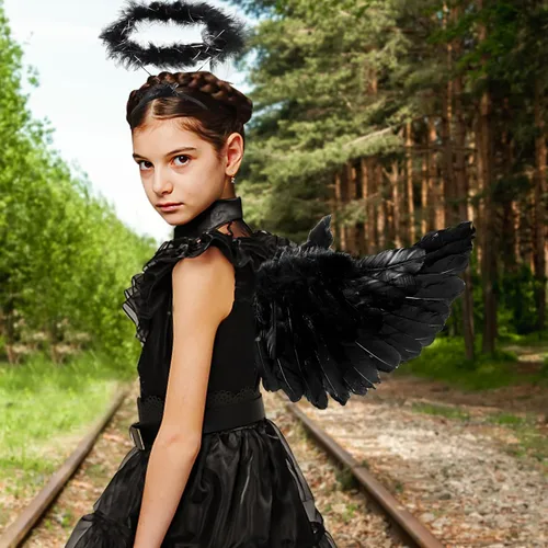 Vista 6 de Alas de ángel y halo - Disfraz de alas de ángel para adultos y niños para fiesta de Halloween