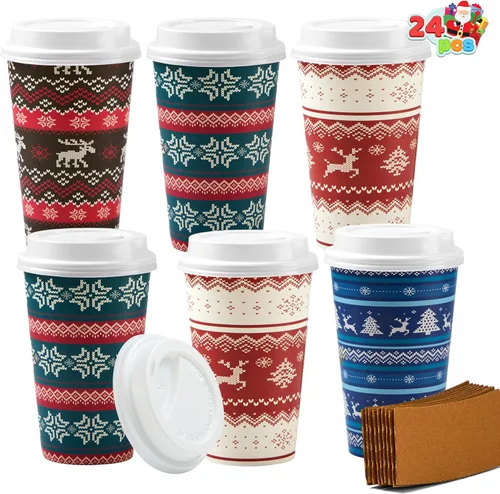 Vista 11 de JOYIN 24 vasos de papel desechables de Navidad, vasos de fiesta de Navidad de 16 onzas con mangas y tapas, 8 diseños de vasos de café de Navidad