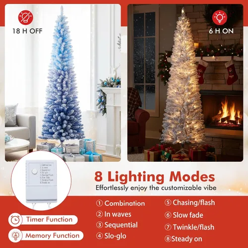 Vista 4 de GOFLAME - Árbol de Navidad artificial de 6 pies con luces LED blancas cálidas preiluminadas, árbol de Navidad con flecos de nieve, 435 puntas