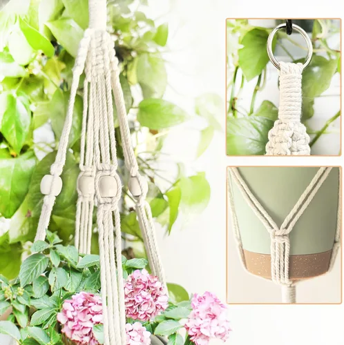 Vista 3 de Belit Paquete de 2 perchas dobles de macramé para plantas, cesta colgante de 2 niveles, cesta decorativa para macetas, cuerda para decoración