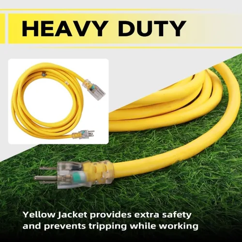 Vista 4 de Cable de extensión iluminado para exteriores de 10 pies - Cable de extensión amarillo resistente SJTW 10/3 con enchufe a tierra de 3 puntas