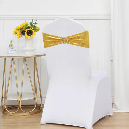 Vista 4 de Bandas de silla doradas totalmente cubiertas de lentejuelas brillantes para bodas, bandas de silla con purpurina brillante y lazos para decoraciones