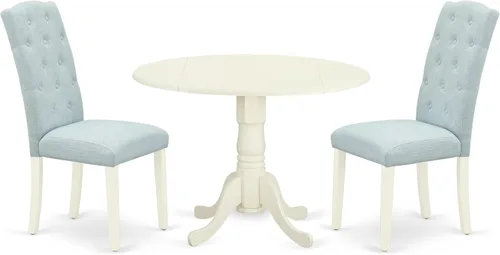 Vista 21 de East West Furniture DLCE3-BLK-21 - Juego de mesa de comedor de 3 piezas que contiene una mesa de comedor redonda con gotas y 2 sillas tapizadas
