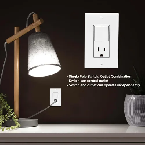 Vista 4 de Maxxima Combinación de interruptor de luz basculante y tomacorriente, receptáculo de estilo combinado de decoración blanca de un solo polo, placas