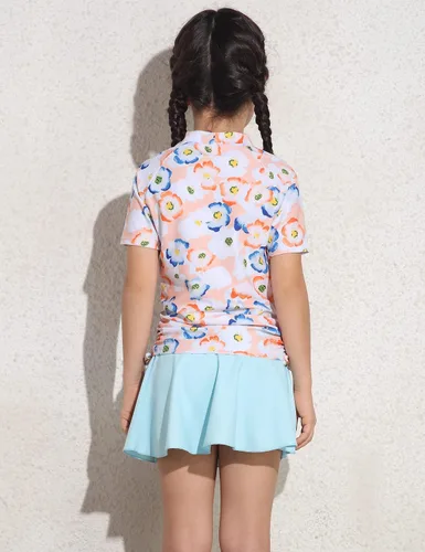Vista 9 de Cadocado Traje de baño chic de 3 piezas para niñas con protección UPF 50+ floral de manga corta