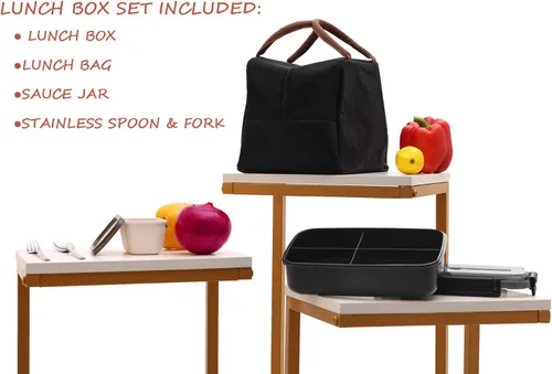 Vista 2 de MINCOCO Bento - Lonchera a prueba de derrames, ecológica, contenedor de almacenamiento de alimentos con una gran bolsa de almuerzo, tarro de salsa