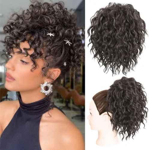 Vista 9 de Extension de cabello con moño desordenado, textura Yaki, con cabello suelto, ondulado y rizado, corto, con cordón de ajuste, extensiones de cola