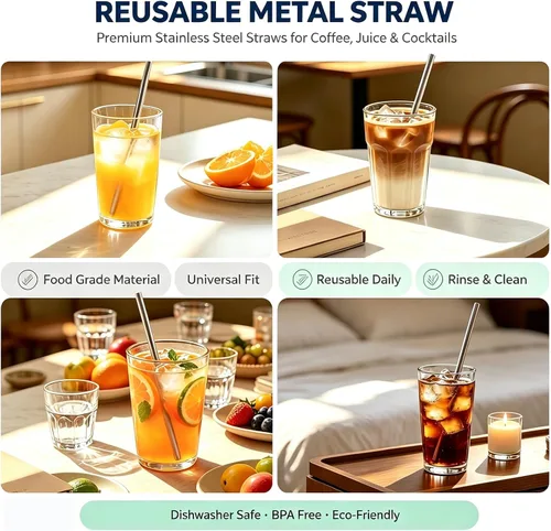 Vista 7 de 6 popotes de metal de repuesto compatibles con vaso Owala FreeSip de 40 onzas, con 2 limpiadores de pajitas, popotes reutilizables de acero
