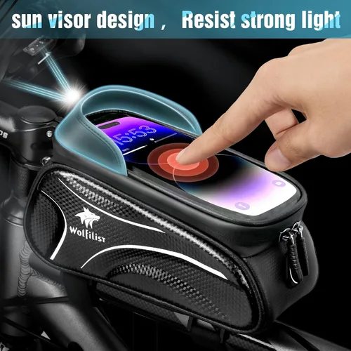 Vista 6 de WOLFILIST Bolsa de bicicleta - Bolsa impermeable para marco de bicicleta con cubierta de lluvia para visera solar, soporte para teléfono