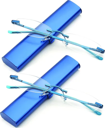 Vista 2 de Newbee Fashion - Paquete de 2 lentes de lectura compactos y delgados en estuche de aluminio, sin marco, súper ligeros, color azul, aumento de 1.00