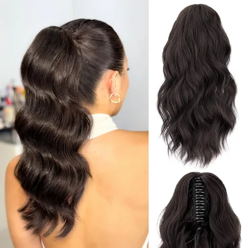 Vista 26 de FREEMEIGE Extensión de Cola de Caballo Negra con Cordón Extensión de Cola de Caballo Larga y Ondulada para Mujeres Extensión de Cabello de Cola de 1b