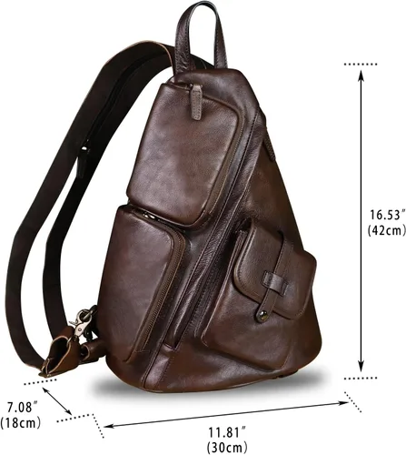 Vista 4 de Bolso bandolera grande de cuero genuino para hombres y mujeres, bolso bandolera grande para el hombro, bolso cruzado en el pecho para iPad, Café