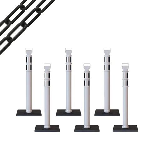 Vista 36 de CCW 6-Pack 45" Delineador Post Kit Kit de 3.0 in collares reflectantes, base de goma de 10 lb (6 postes blancos con cadena negra de 50 pies)