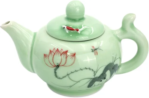 Vista 7 de DELIFUR Celadon Juego de té de porcelana hecho a mano con tema de loto, tetera de porcelana cubierta taza de té Gongdao taza de China
