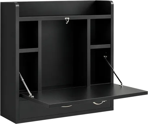 Vista 10 de Basicwise Escritorio plegable montado en la pared, escritorio plegable que ahorra espacio con estantes de almacenamiento y cajón, mesa flotante Negro