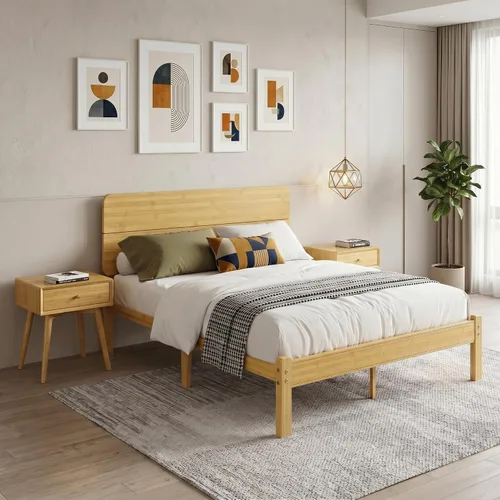 Vista 17 de Marco de cama individual de madera de bambú maciza de 14 pulgadas de alto con cabecero, soporte de listones de metal resistente, fácil montaje,