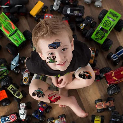 Vista 5 de CHARLENT 148 tatuajes temporales de autos de carreras y camión monstruo para niños, tatuajes individuales de automóvil GoKart para niños, regalos