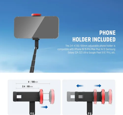 Vista 6 de NEEWER Basics PA991 Trípode selfie stick compatible con iPhone Samsung Android, trípode portátil de metal de 147 cm, ligero para viajes, soporte