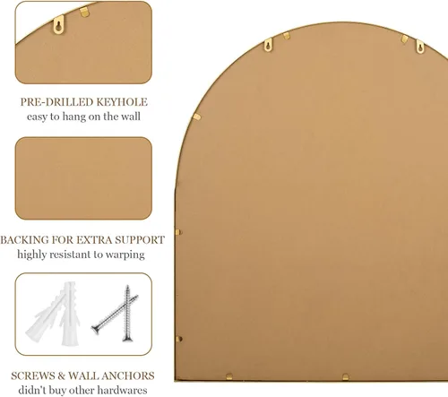 Vista 6 de Espejo de baño arqueado de 33 x 31 pulgadas, espejo de pared dorado antiguo, marco de cuentas de metal, espejo de tocador para tocador, sala de Arco